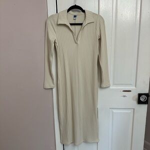 Old Navy - Fitted Rib-Knit Midi Polo Dress in wish bone (off-white)